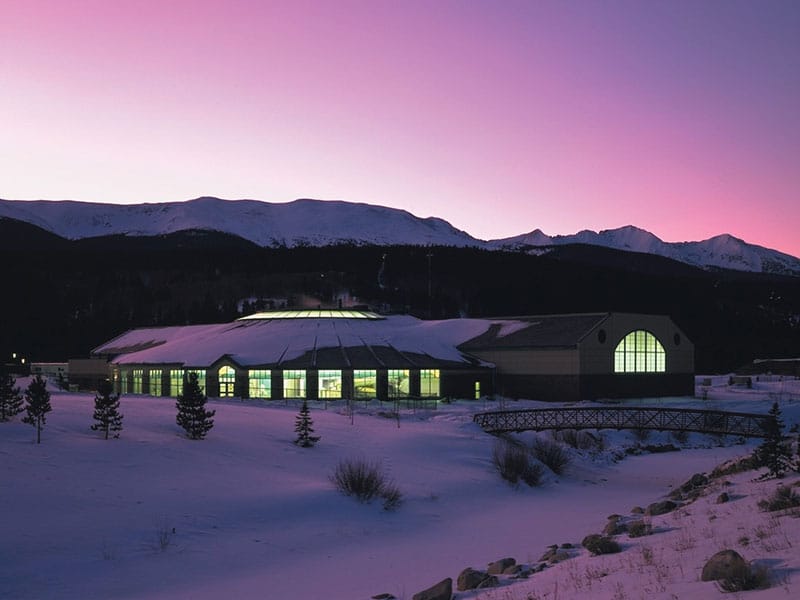 Breckenridge Recreation center at dusk in the winter
